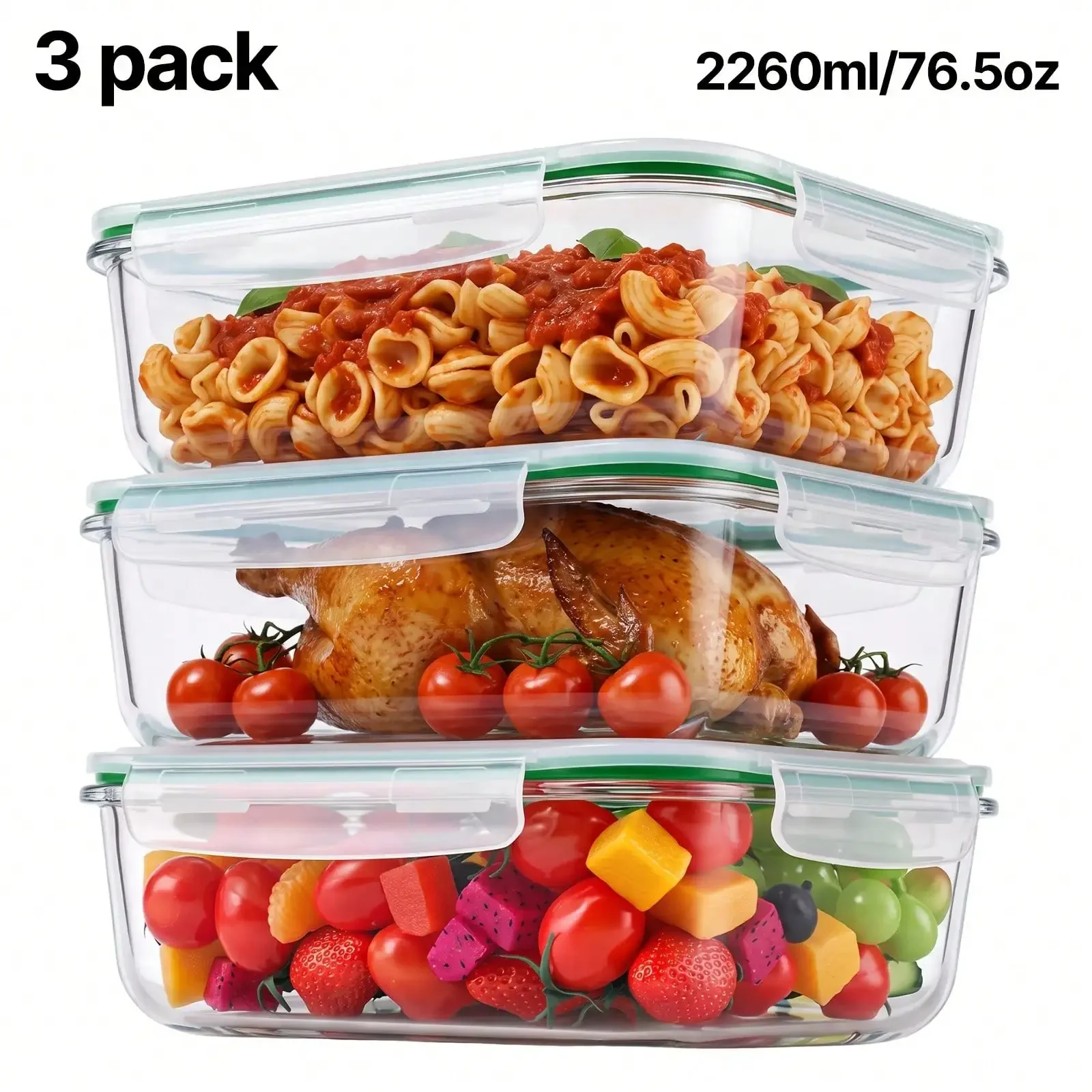 Multi-Size Glass Food Storage Containers Set, 2Pcs (63Oz+76.5Oz)/3Pcs 76.5Oz Option, Snap Lock Sealed Lids, Leakproof Meal Prep Box, Oven & Microwave Available, For Kitchen Leftover/Food Storage