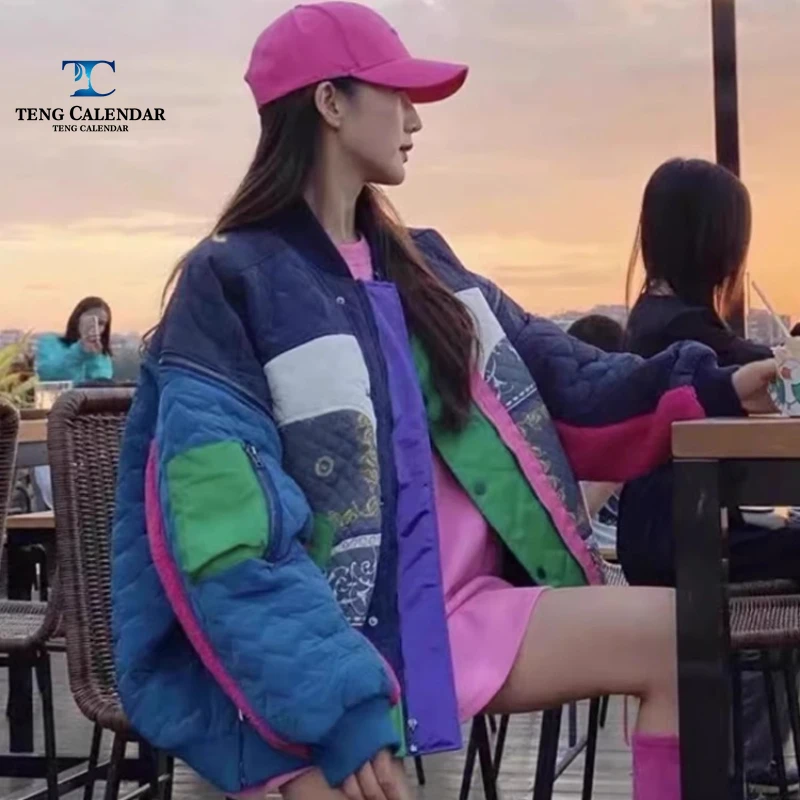 High End Contrasting Cotton Jacket, Loose and Thick Lamb Wool Patchwork Baseball Jacket, Women's Winter New Style