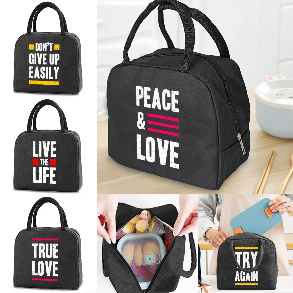 Portable Lunch Tote Bag Reinforced Handles Smooth Zipper Phrase Pattern Front Pocket Wipeable Inner for School Weekend Trips