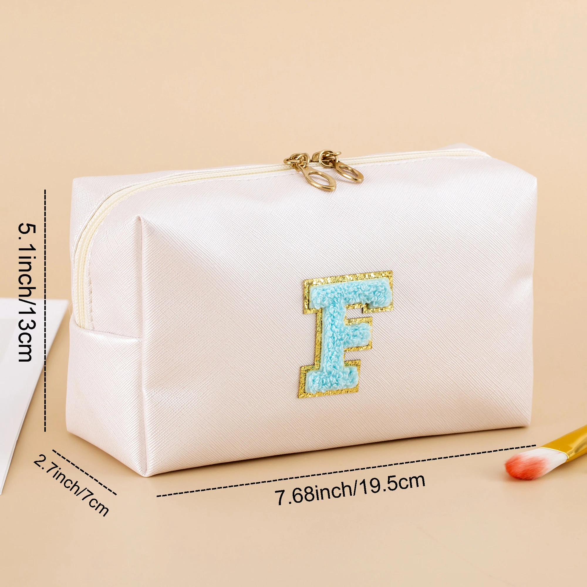 Waterproof PU Patch Travel Makeup Bag Organizer Cute Cosmetic Bag Zipper Pouch for Women with Chenille Letter A B C H S T K I