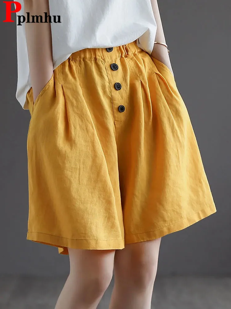 Summer Chic Design Button Baggy Shorts Women Cotton Linen Oversize Loose Short Pants Korean Casual High Waist Pantalones Cortos