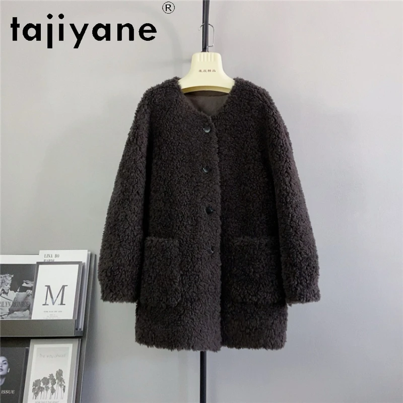 

Tajiyane 100% Wool Coats for Women Autumn Winter Elegant Mid-length Sheep Shearing Jacket Female Clothing Round-neck Fur Coats