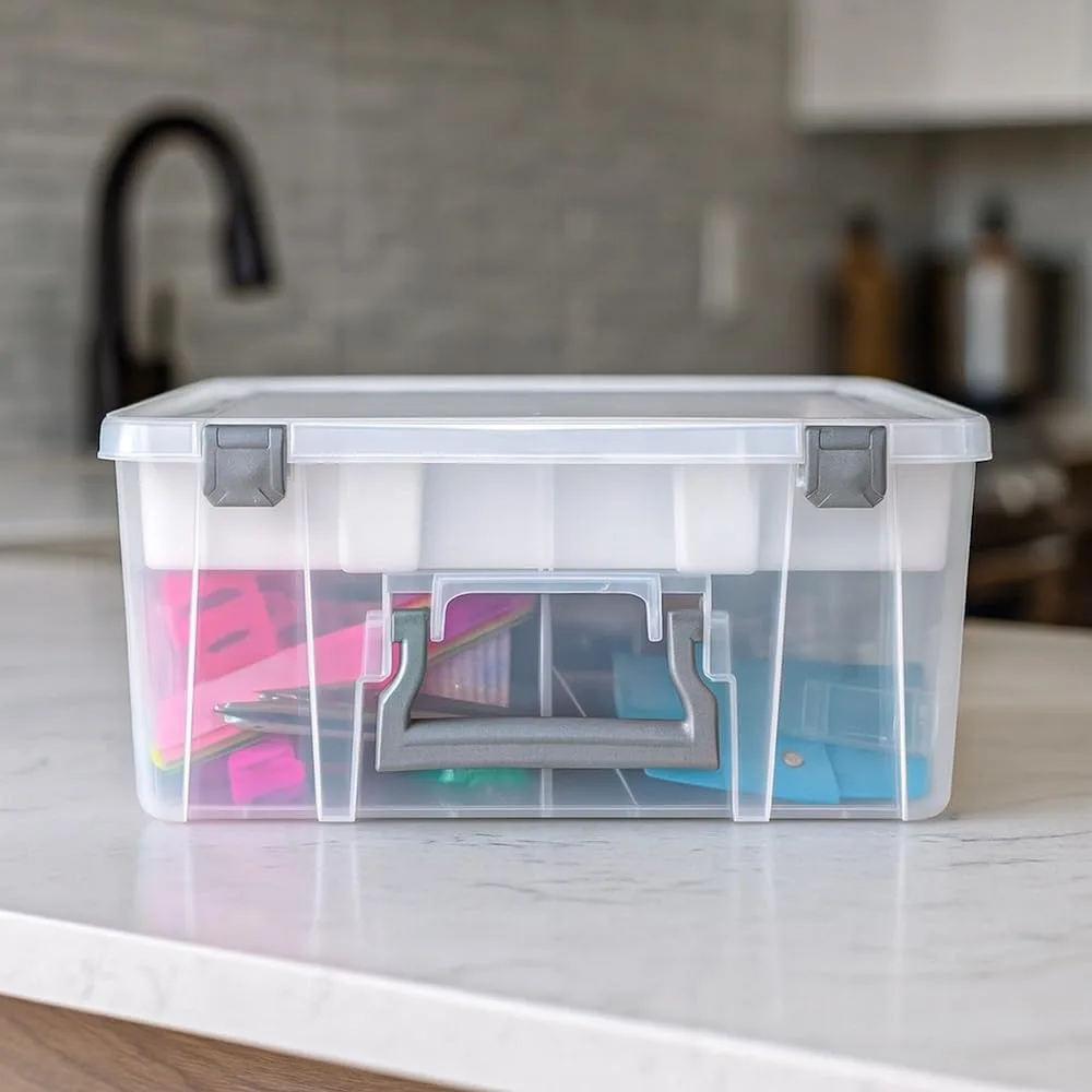 Podwójna, bardzo duża torba z wysuwaną tacką i wyjmowanymi przegródkami do organizacji przechowywania w domu.