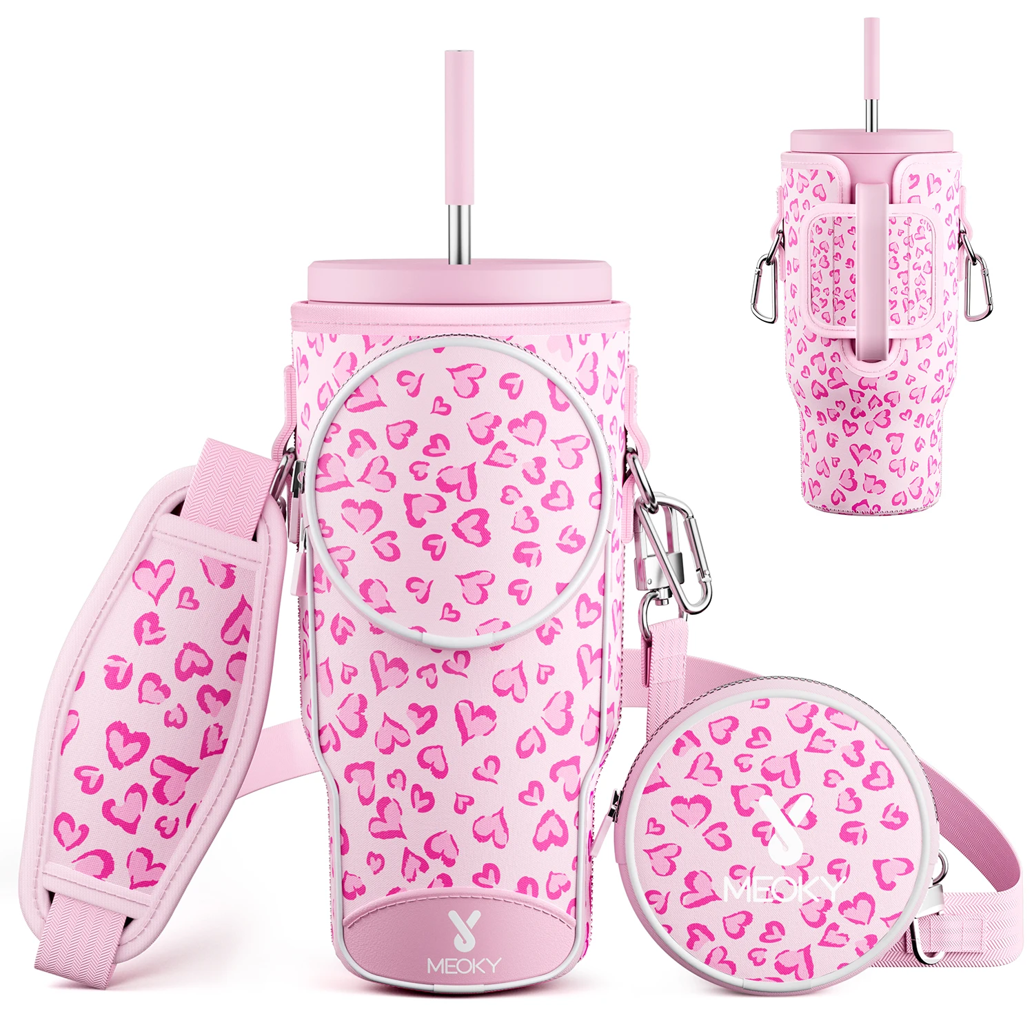 

40oz Pink Love Water Bottle Carrier Bag For Quengher Cup Sleeve Non-slip Insulated Mug Cover Adjustable Shoulder Strap termos