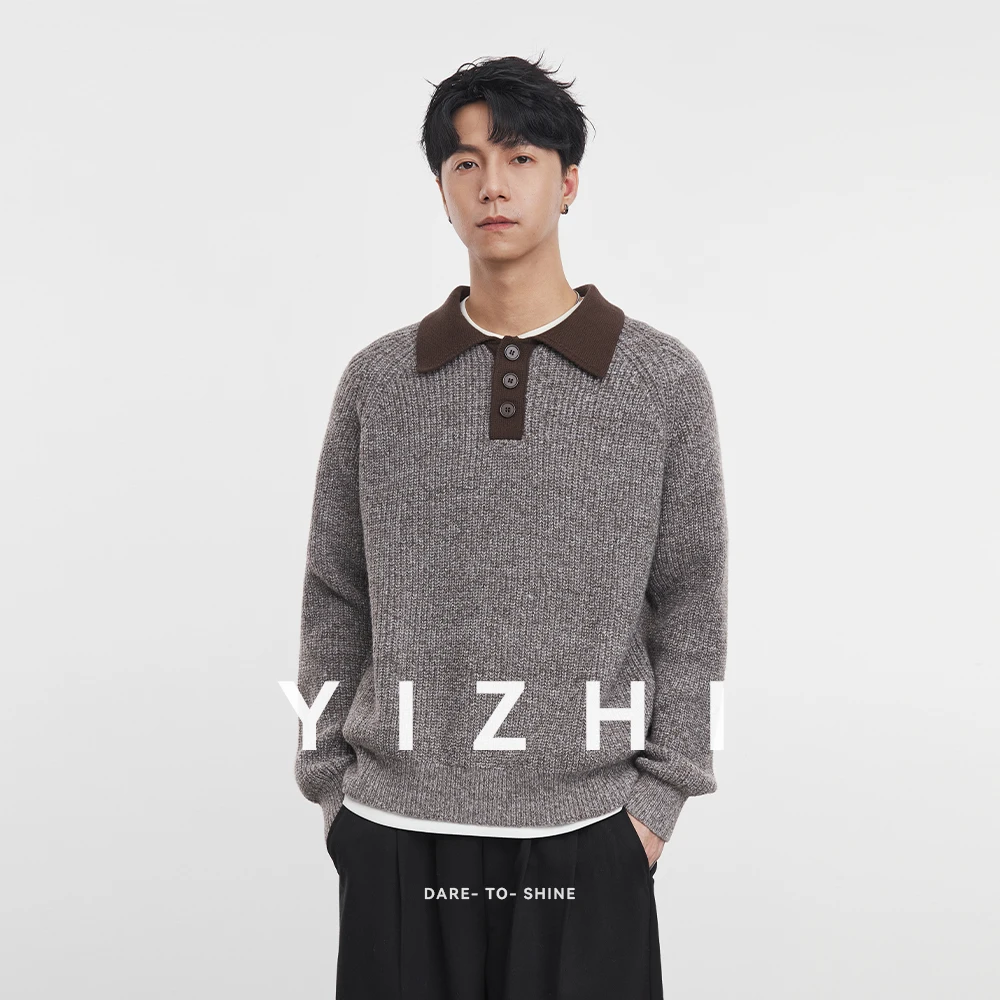 

Свитер с длинным рукавом и воротником на пуговицах в американском стиле ретро, осень-зима 2025 года, новый модный мужской свитер с длинными рукавами, топ, мужская рубашка поло