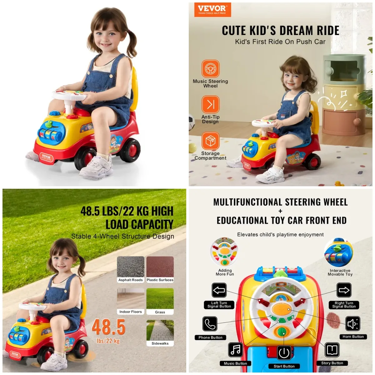 Ride On Push Car for Toddlers Ages 1-3, Music Steering Wheel, Horn & Storage, Sit to Stand Toy for Boys Girls
