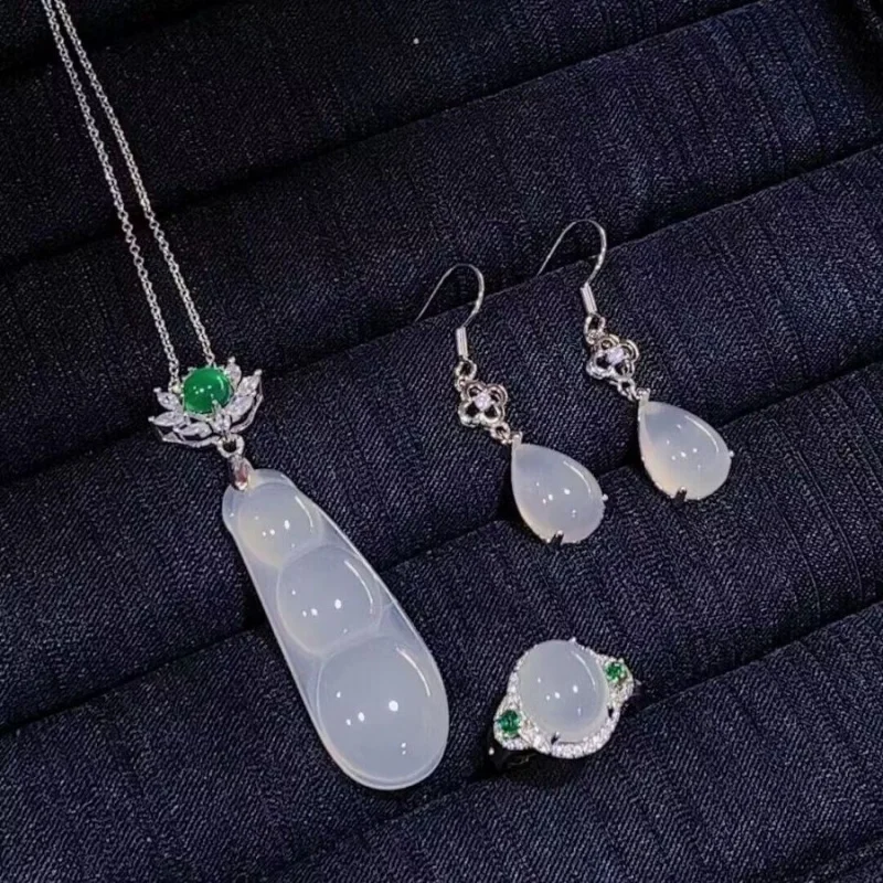 Ice White Chalcedony Fortune Bean , Agate Women's Earrings and Ring, Jade Three-Piece Gift Set view 4