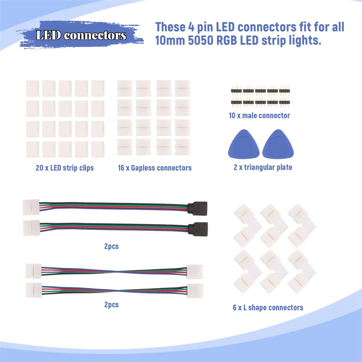 AD41-LED موصل الشريط 4 دبوس 10 مم موصل شريط إضاءة RGB بدون لحام لـ 5050 SMD - موصلات Gapless، شكل L
