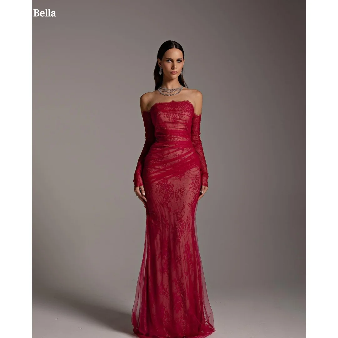 

Bella Customized Red Sleeves Mermaid Mesh Fabric robes de soirée Strapless Backless Party Dresses Floor-Length Prom Dress 2025
