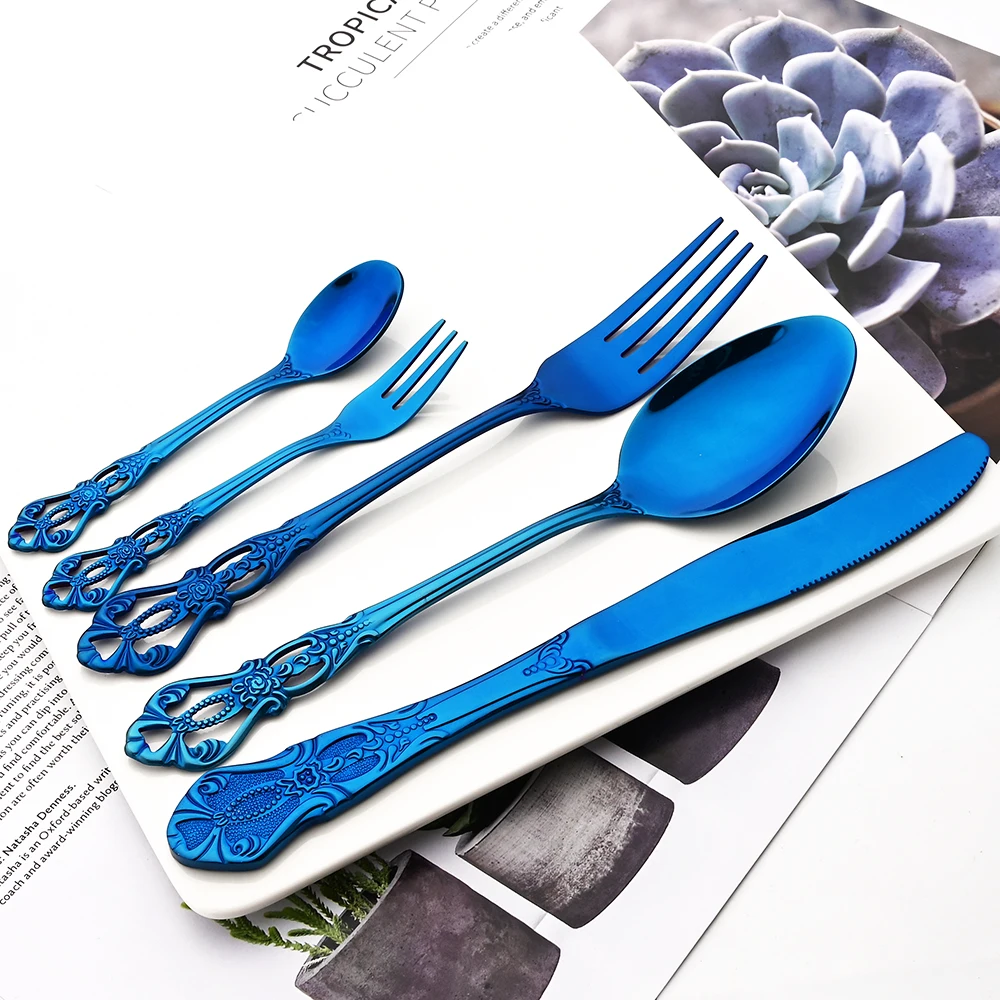 Vintage Royal Blue Dinnerware Stainless Steel Set 4/16Pcs Dinner Spoons Fruit Forks Knives Silverware Wedding Tableware Gift