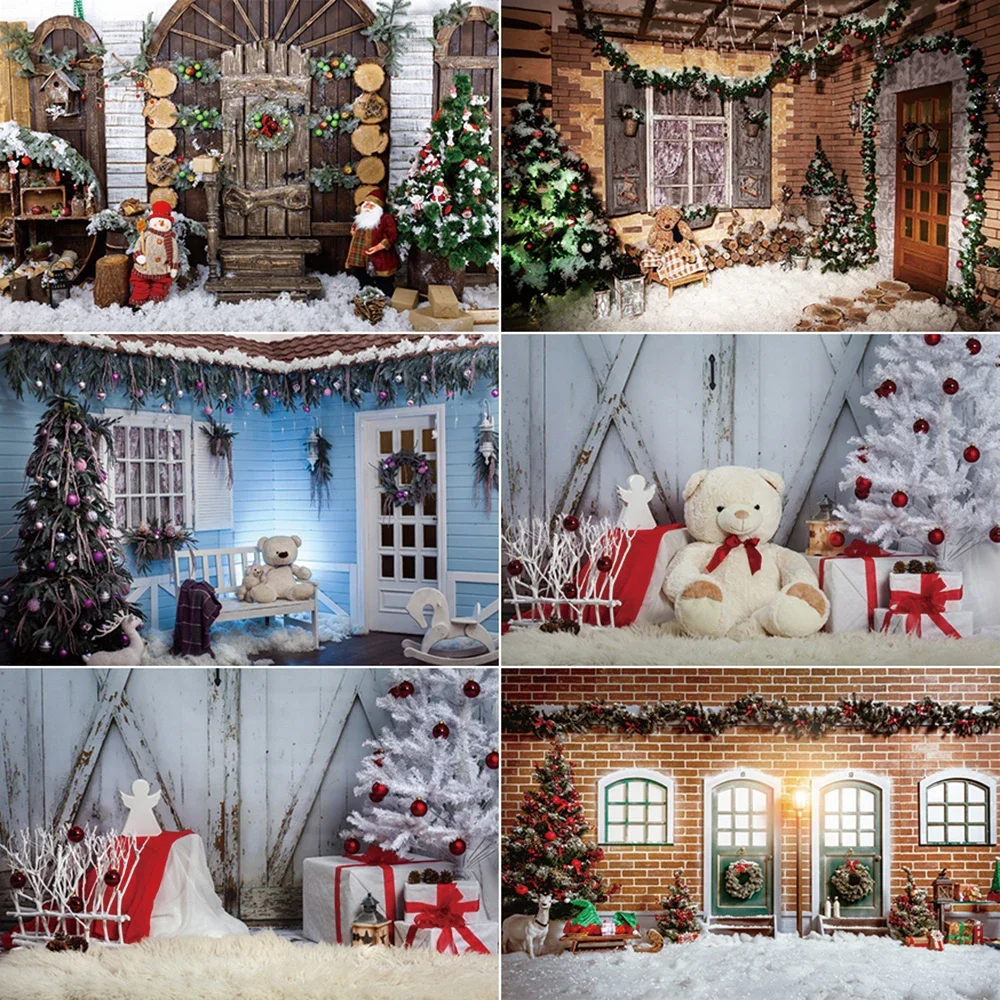 

MOON.QG Christmas Decoration Photography Backdrop Wreach Wooden Door Xmas Trees Photozone Background Baby Studio Props