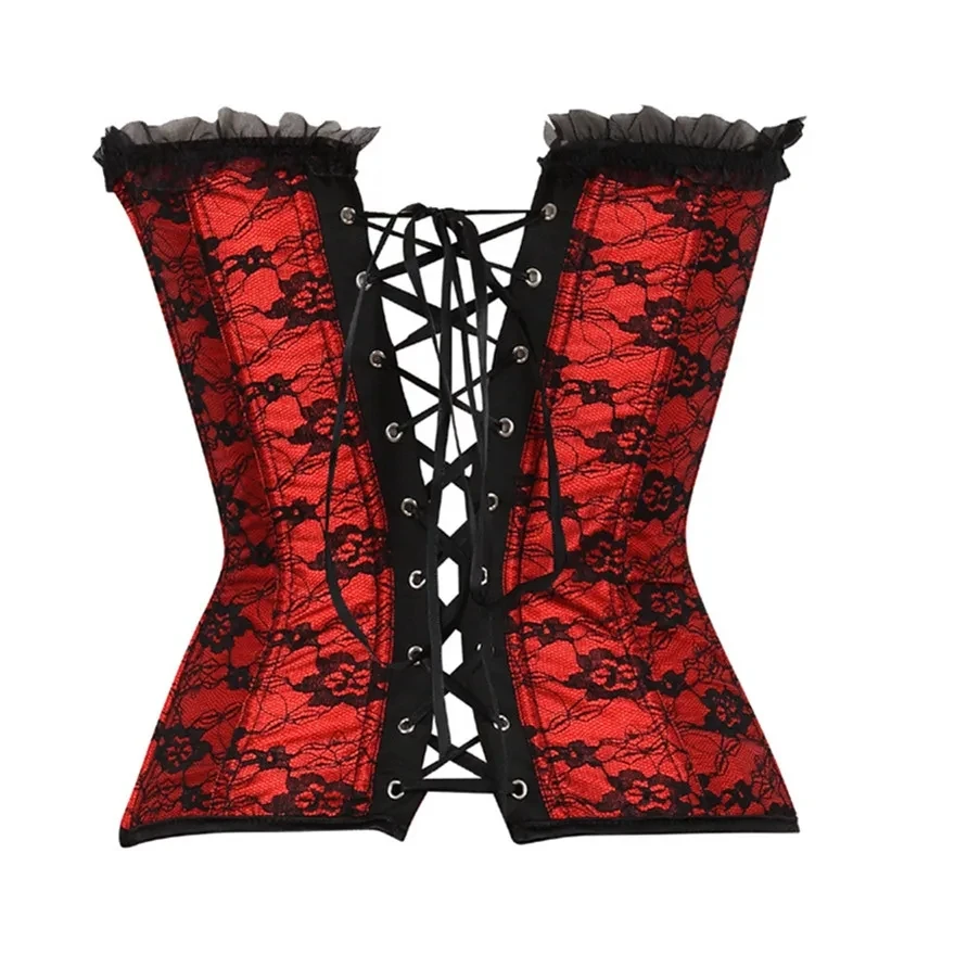 Vintage Style Floral Lace Corsets Bustiers for Women Sexy Front Tie Up Boned Overbust Corset Basque Corselet Elegant Fashion Red