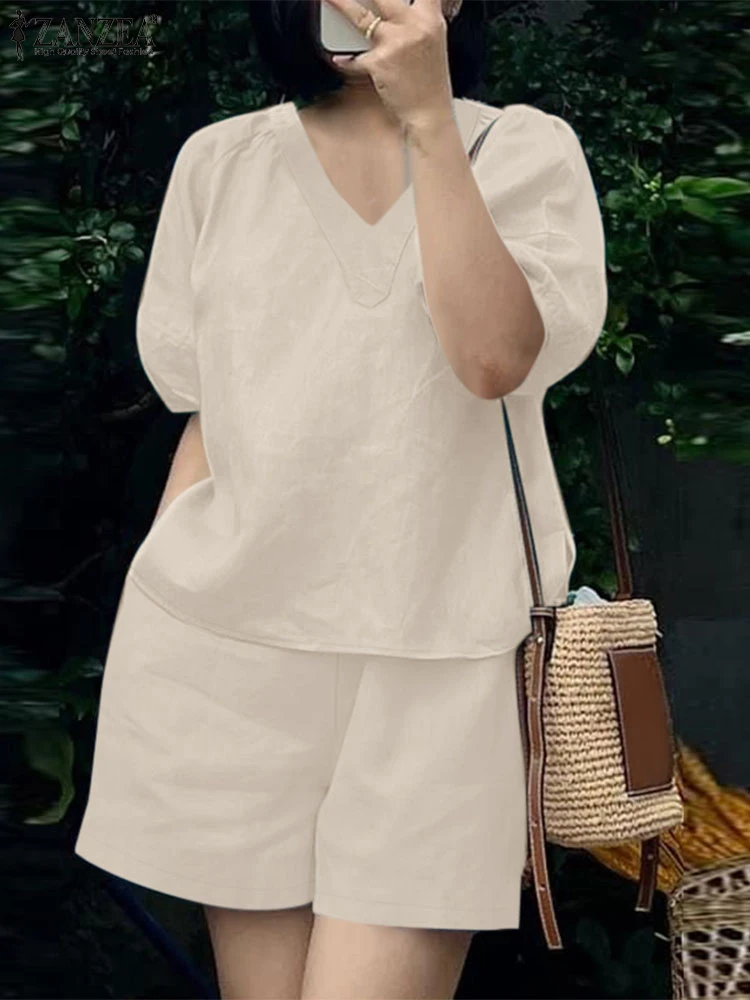 

ZANZEA 2025 Summer Short Sets 2PCS Holiday Outfits Women Solid Matching Sets Casual V-Neck Half Sleeve Tops Loose Shorts Suit