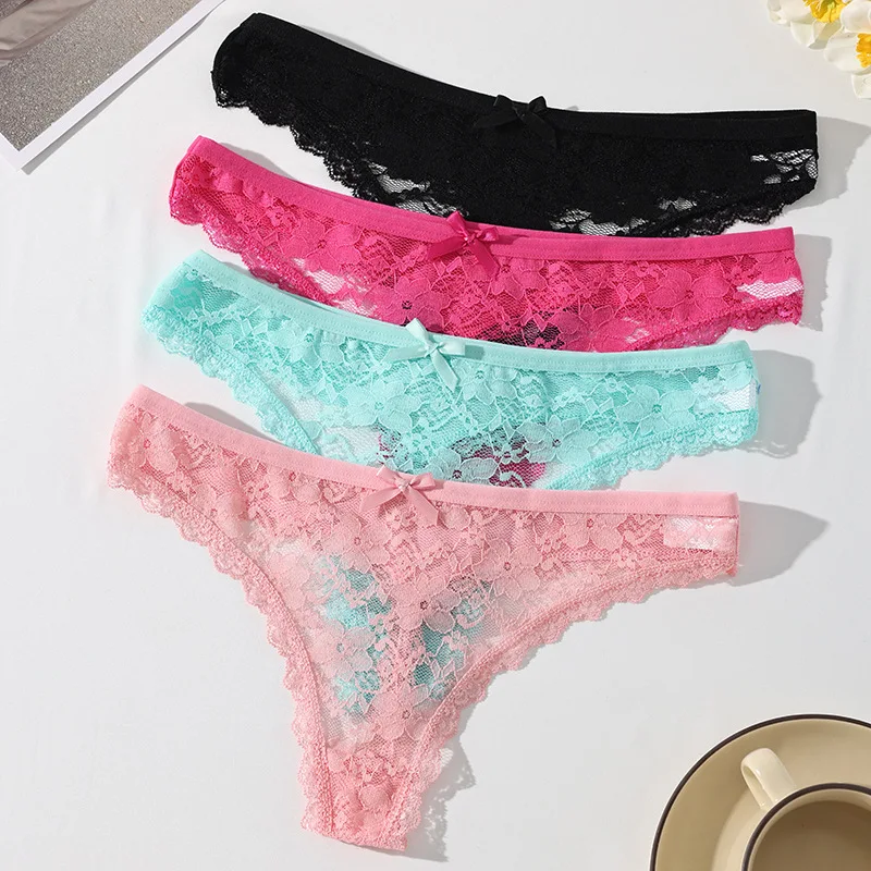 4PCS Women Thongs Panties Sexy Underwear Lace Underpants Low Waist Lingerie Female Floral Lace Briefs Breathable Ladies Pantys