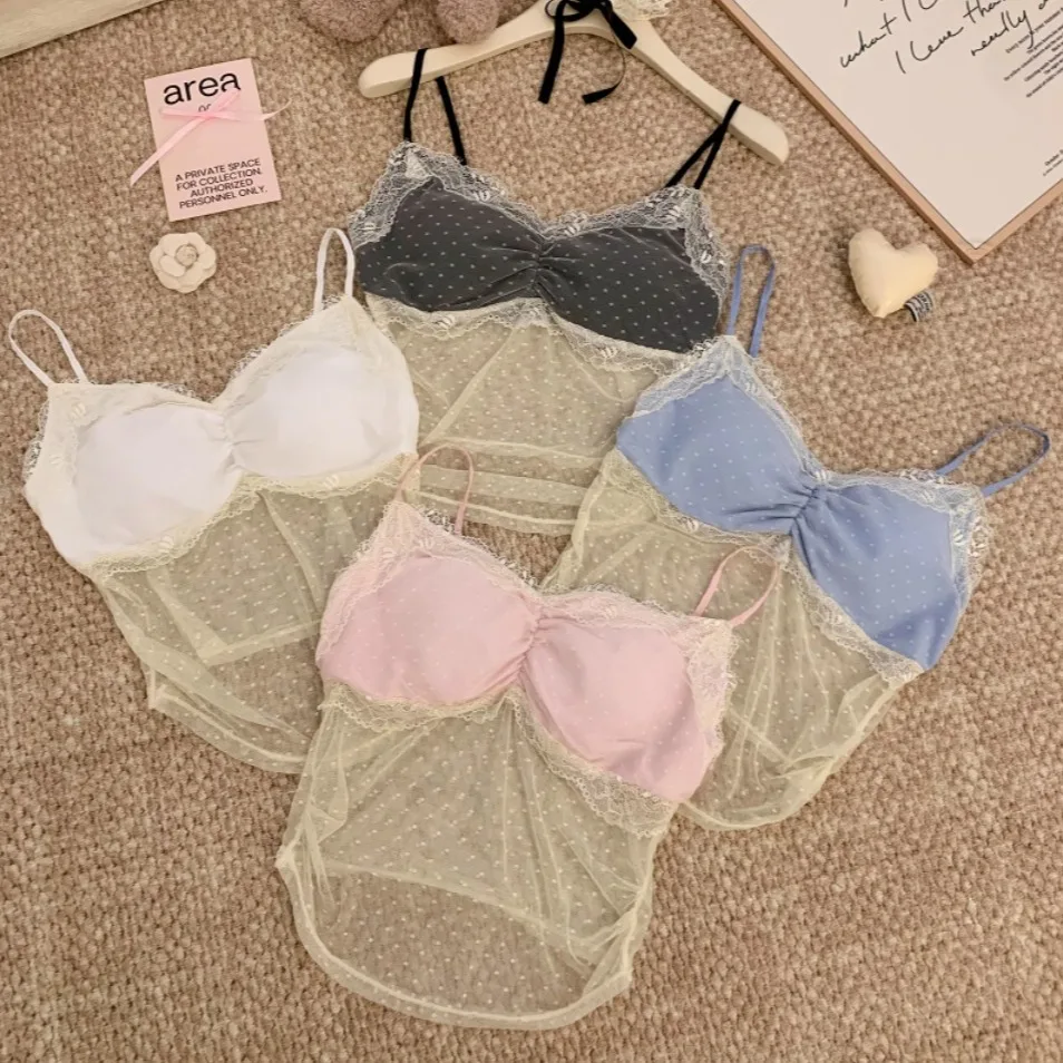 Summer New Sexy Sweet Spicy V-neck Lace Trim Camisole Women Slimming Fixed Chest Pad Top Strap Vest Nylon Spandex Blend