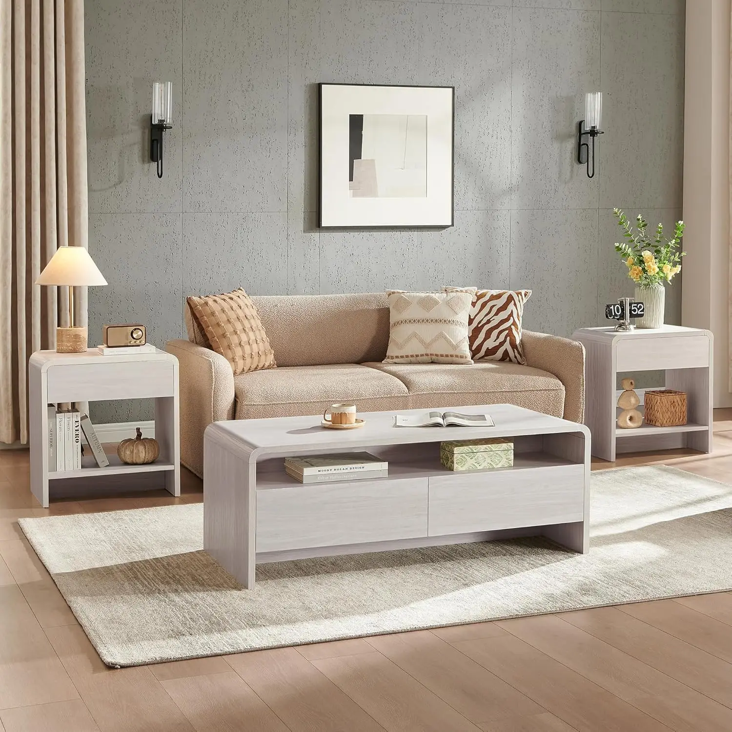 

3-Piece Living Room Table Set, Includes Coffee Table & 2 End Tables, Modern Coffee Table Sets with Large Storage, Customized