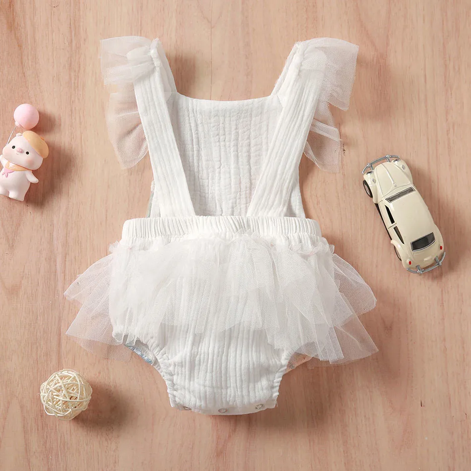 Newborn Girls Summer Romper Lace Mesh with Pearl Tassel Infant Kids Floral Embroidery Cotton Bodysuit Toddler Backless Clothes