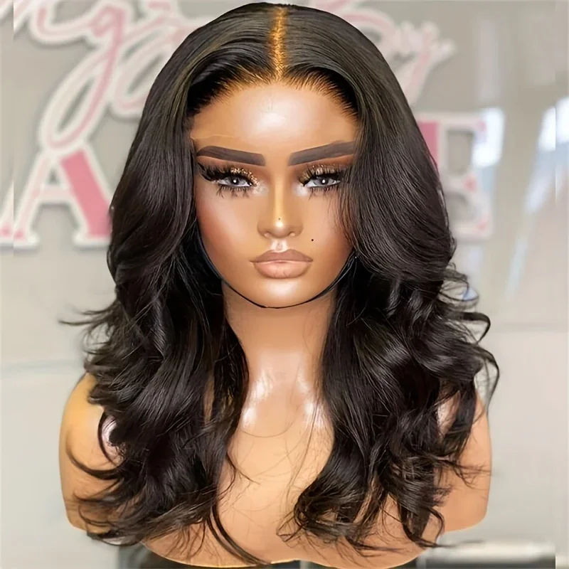 Perruque synthétique Lace Front sans colle, noire naturelle, douce, 26 pouces de long, ondulée, pré-épilée, densité 180, pour femmes, résistante aux hautes températures, usage quotidien