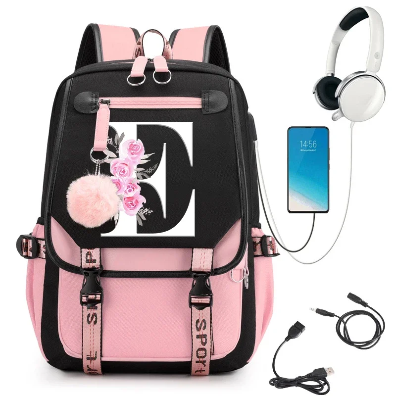 School Backpacks Trend Cherry Blossom Black Gradient Pink 26 A-Z Alphabet Street Trend Sakura Fashion Zipper Aesthetic Backpack