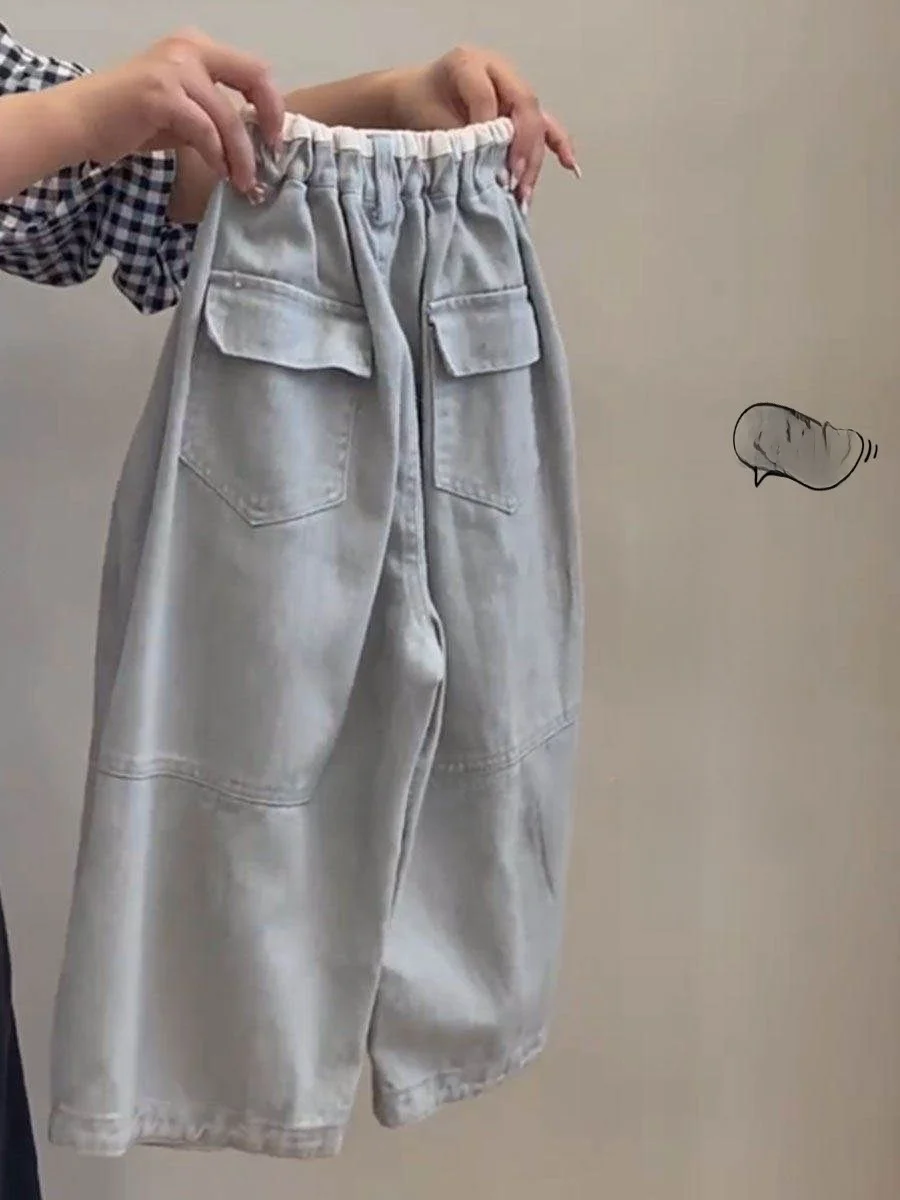 

Girls Summer Casual Pants Baby Fashion Wide Leg Trousers Light Grey Loose Waist Long Trousers Children's Clothing Kids Fashion