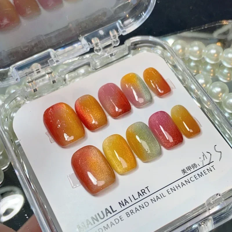 Candy Color Gradient Cute Red Yellow Short Coffin Hand Made Fake Nails Cat Eye Shimmering Candy Full Cover Nail Tips Decor