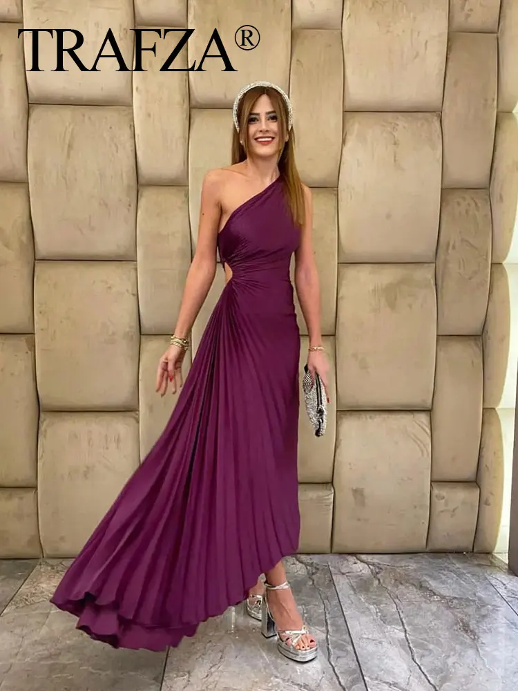 TRAFZA-Robe de Soirée Élégante à Volants pour Femme, Tenue Plissée, Dos aux, Fibells, Longue