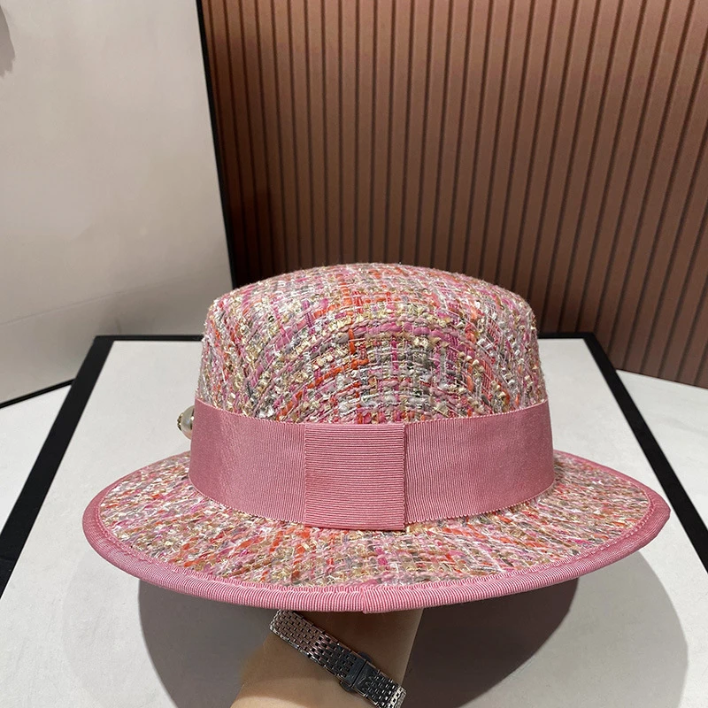 Chapeau haut de forme en tweed rose pour femme, style européen Player ite, perles délicates et élégantes, haut plat en jacquard, chapeau de fête à la mode