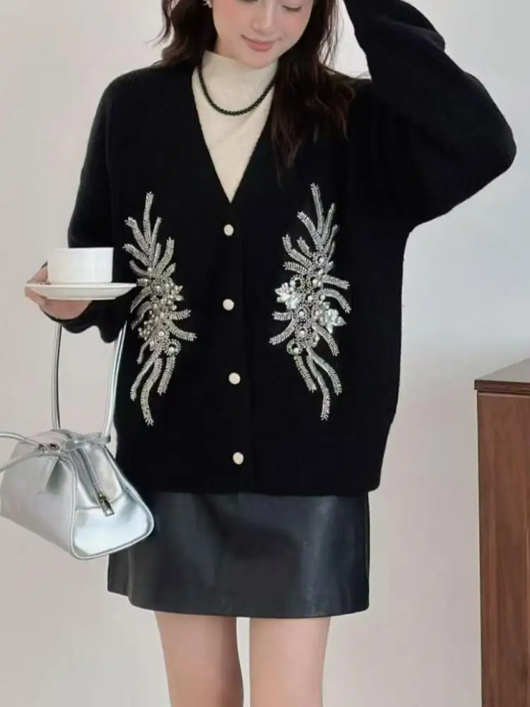 

Винтажные черные, бежевые свободные свитера с v-образным вырезом и блестками, женские розовые однобортные вязаные кардиганы с длинными рукавами, топы, осень-зима