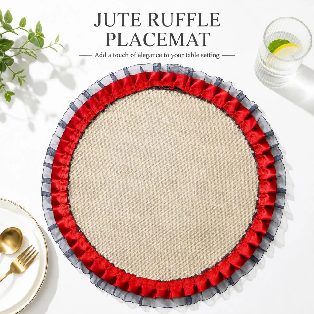 Red and black contrast double ruffled placemats American country style jute woven plate insulation pad home dining table plate