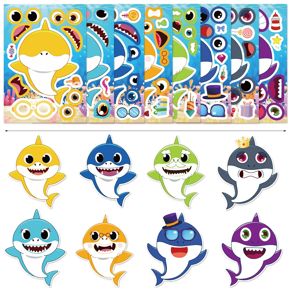 8PCS Big Mouth Face Changing Cute Shark Puzzle Collar DIY Hand Account Phone Case Home Interactive Waterproof Toy Stickers