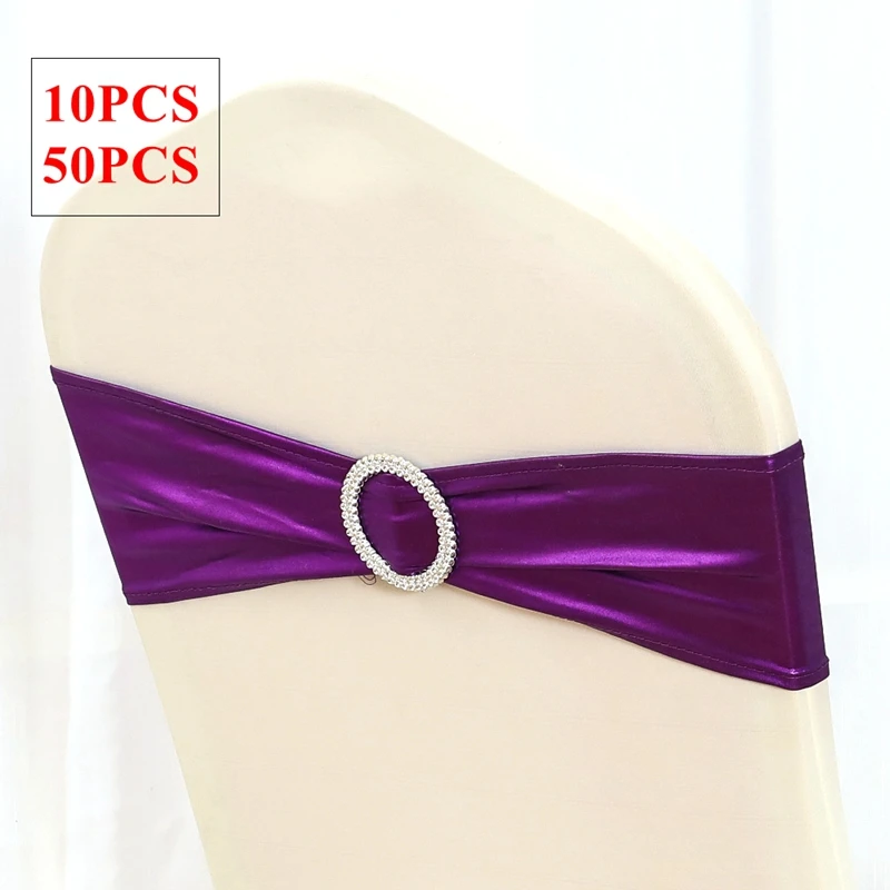 

Purple Mettalic Lycra Chair Band Spandex Sash Tie Bow With Round Buckle For Chair Cover Wedding Christmas Event Party Decoration