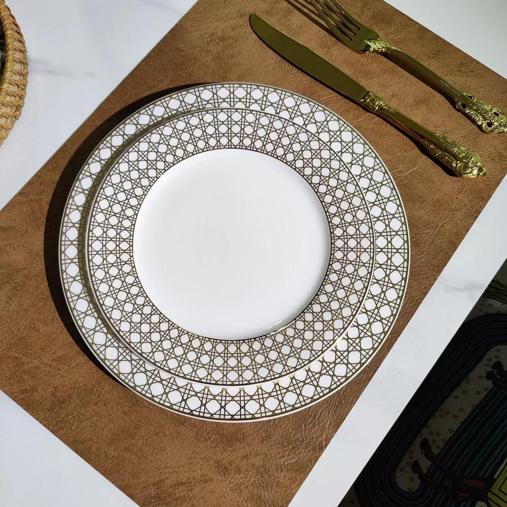 European Light Luxury Tableware Set Bone China Gold Grid Dessert Dinner Plates European Club Villa Restaurant Table Steak Dish