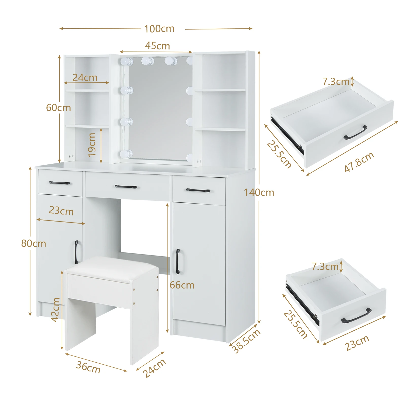 【صفقات 11.11، عروض الجمعة السوداء 2025】طاولة تزيين مع مرآة لمبات LED و3 أدراج ومجموعة مقاعد ومجموعة مكياج مكتب الغرور