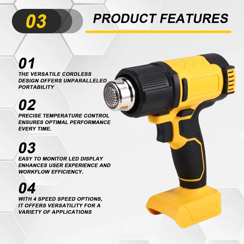Cordless Heat Gun 540℃ Temperature Adjustment LED Display 4 Gear Wind Speed Electric Hot Air Gun For Dewalt 18V20V Battery