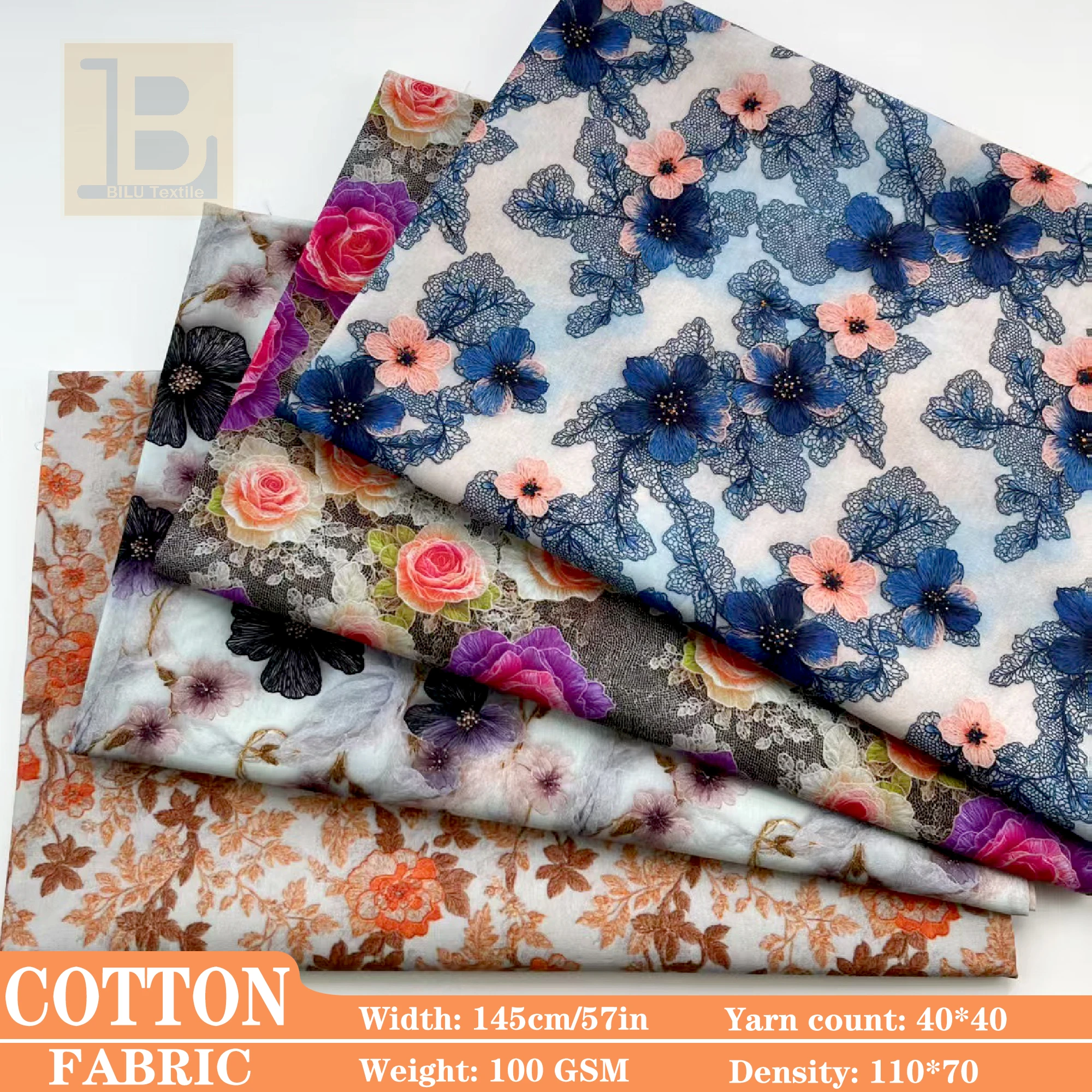 

100*145cm Lace-Embroidered Floral Cotton Poplin - Digital Print Fabric for Dresses, Apparel & DIY Suspensory(by Meter)