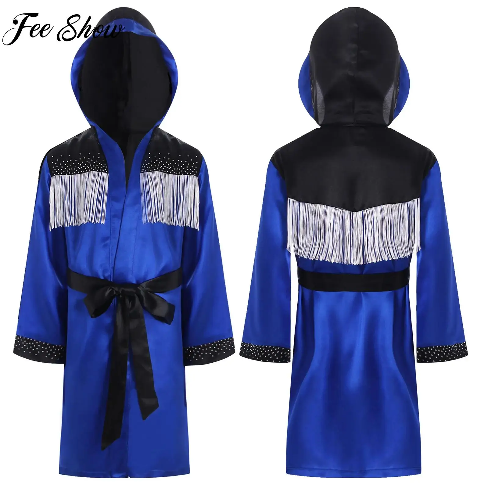 Kids Boys Girls Boxing Outfit Tassel Satin Hooded Robe Belt Set Unisex Carnival Halloween Competition Cosplay Costume Sportswear