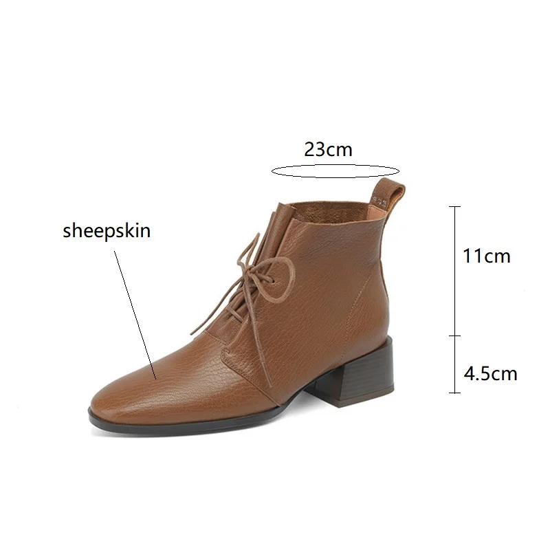 2023 New Autumn Genuine Leather Women Boots Round Toe Chunky Heel Ankle Boots for Women Winter Fashion Boots Lace Women Shoes