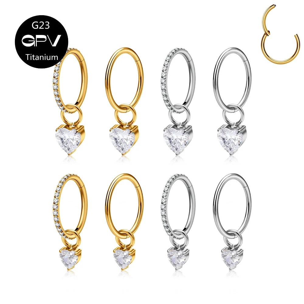 G23 F136 Titanium Closed Loop Earrings Water Drop Heart Pendant DIY Men's and Women's Perforated Jewelry Nose Ring