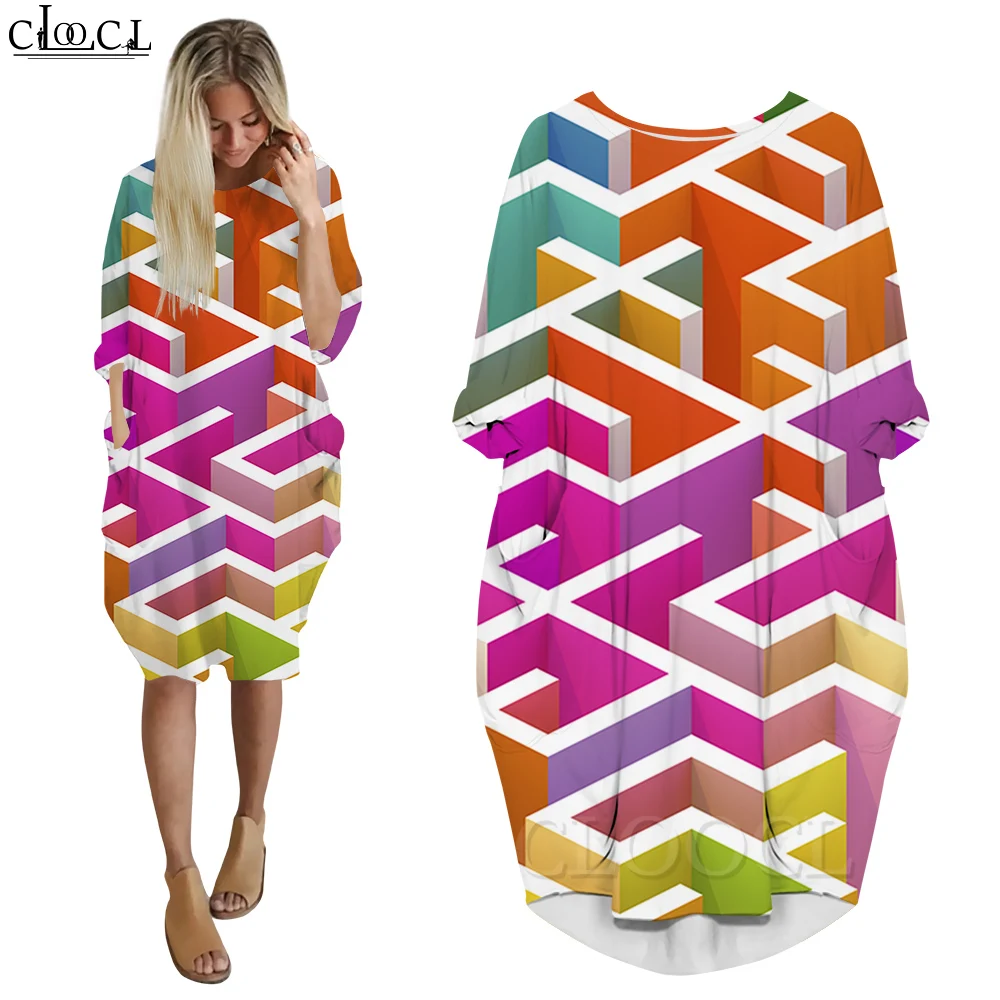 CLOOCL Dresses Women Loose Fit Long Sleeve Dresses Fashion Female Clothing Fantasy Colorful Abstract Maze Dresses Spring Autumn