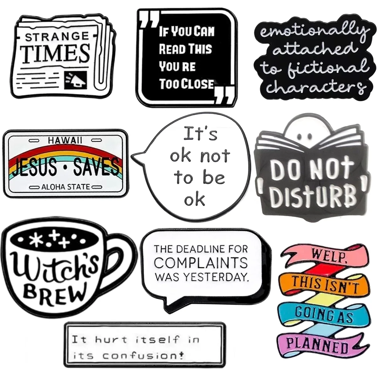 Funny Slogan Enamel Pins Inspirational Meme Quote Lapel Badge Book Coffee Ribbon Newspaper Brooch Backpack Hat Decor Gift