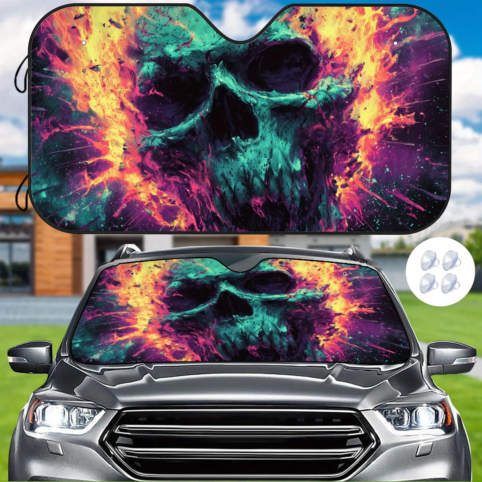 The Flame Skeleton Digital Art Car Windshield Comes With A Fixed Suction Cup That Effectively Blocks Sunlight, Keeping The Inter