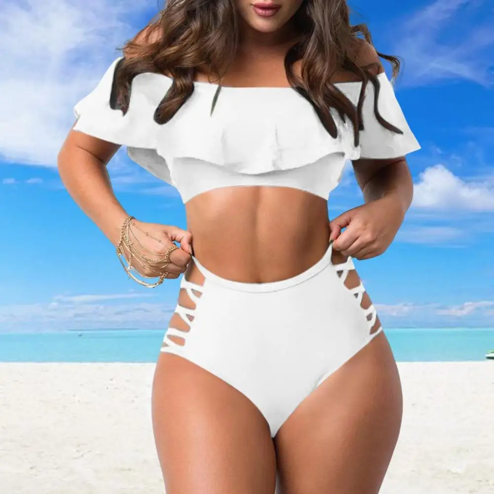 Women Swimsuit Hollow Style Swimsuit Stylish Off Shoulder Bikini Set with Trim High Waist Bandeau 2 Piece Push Up for Women