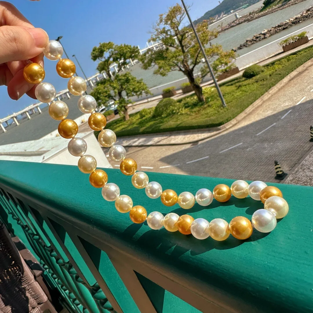 

925 silver buckle 12mm natural cold white champagne, tea gold three-color mixed color rainbow simple bead chain Shijia pearl nec