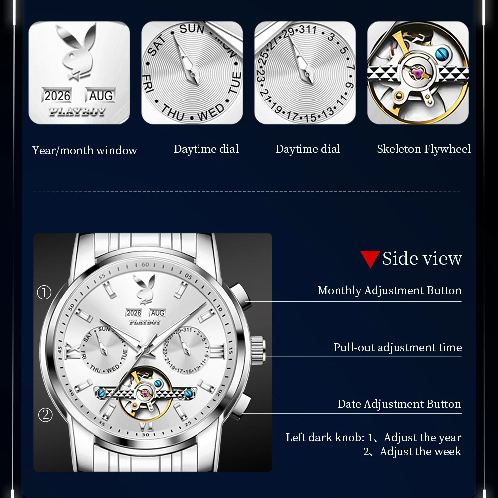 PLAYBOY 3140 Brand original authentic watches for man luxury Gift Box Solid steel belt multifunctional mechanical men's watch