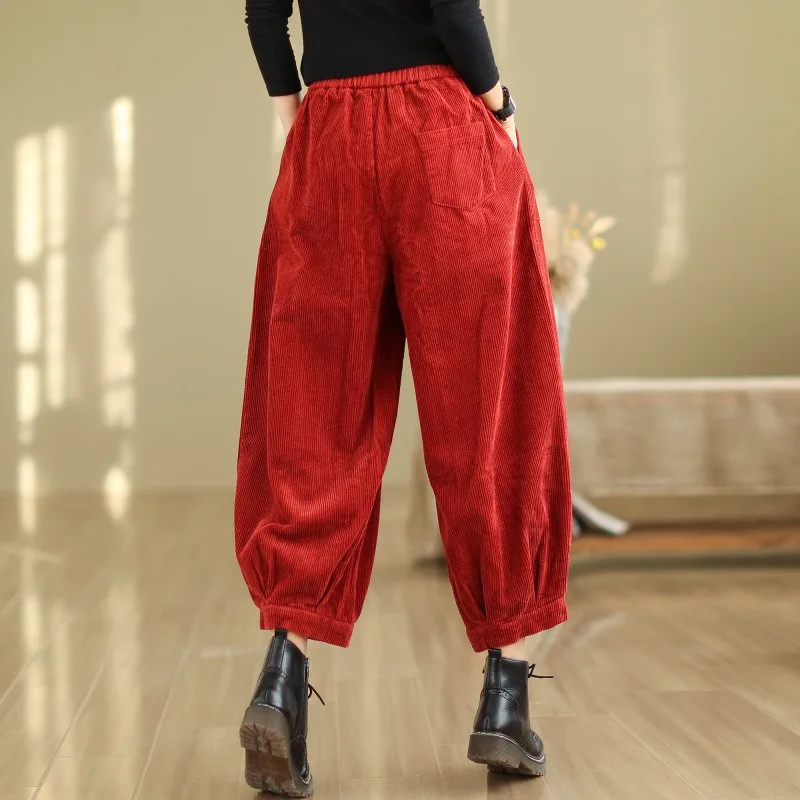 กางเกงฮาเร็มผ้าลูกฟูกสีพื้นสไตล์ญี่ปุ่นและเกาหลี รุ่นใหม่ กระเป๋าใหญ่ ทรงหลวม ใส่ได้หลายโอกาส สำหรับผู้หญิง