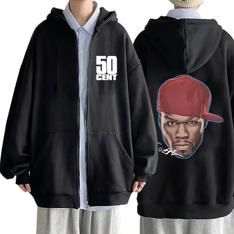 

Rapper 50 Cent Face Graphic Zipper Hoodie Men Women Fashion Hip Hop Oversized Zip Up Jacket Male Casual Fleece Cotton Hoodies