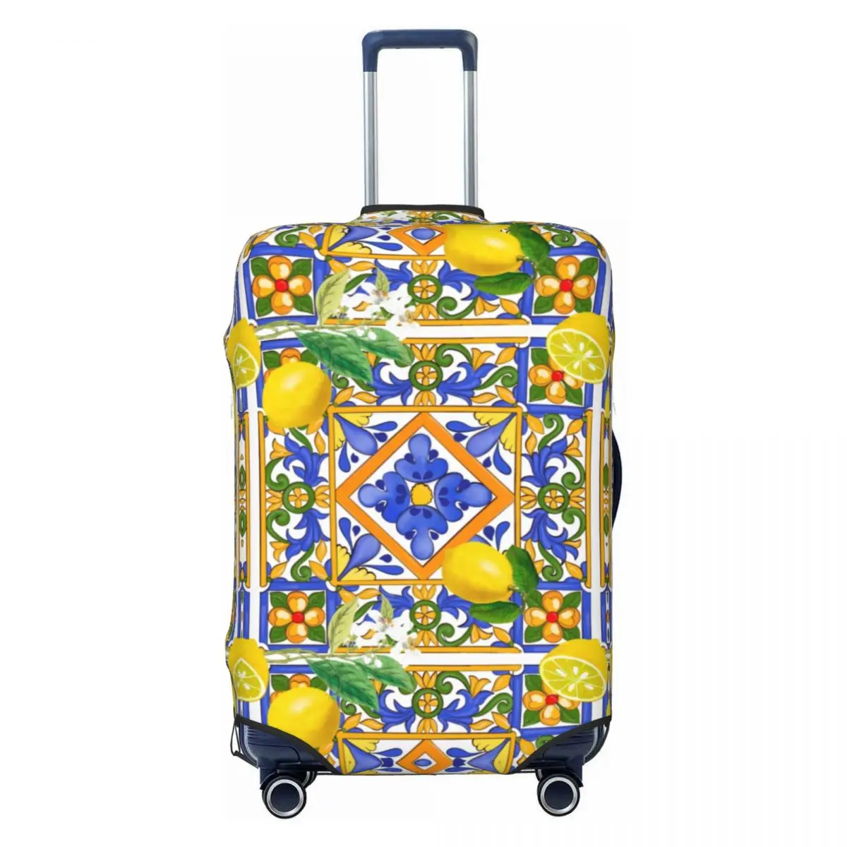 Custom Mediterranean Summer Fruit Lemons Tiles Luggage Cover Elastic Travel Suitcase Protective Covers Fits 18-32 Inch