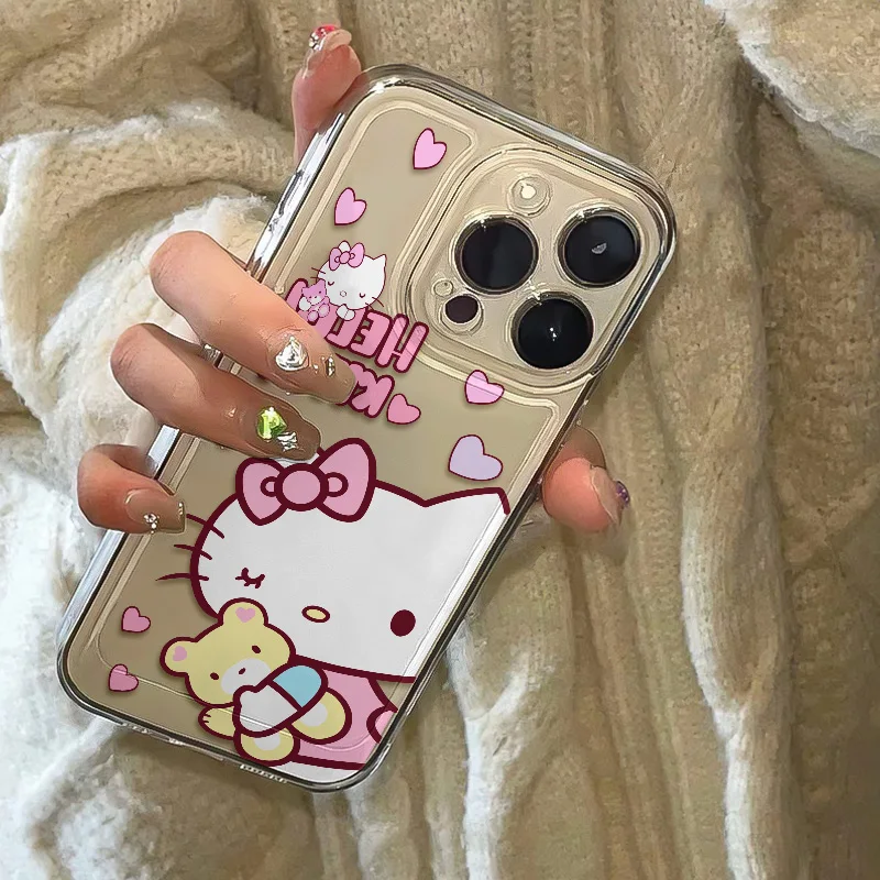 Fun Sanrio Blink Playful Hello Kitty Phone Case For iPhone XR XS 16 15 14 13ProMax 7 8Plus Bracelet Silicone Transparent Cover