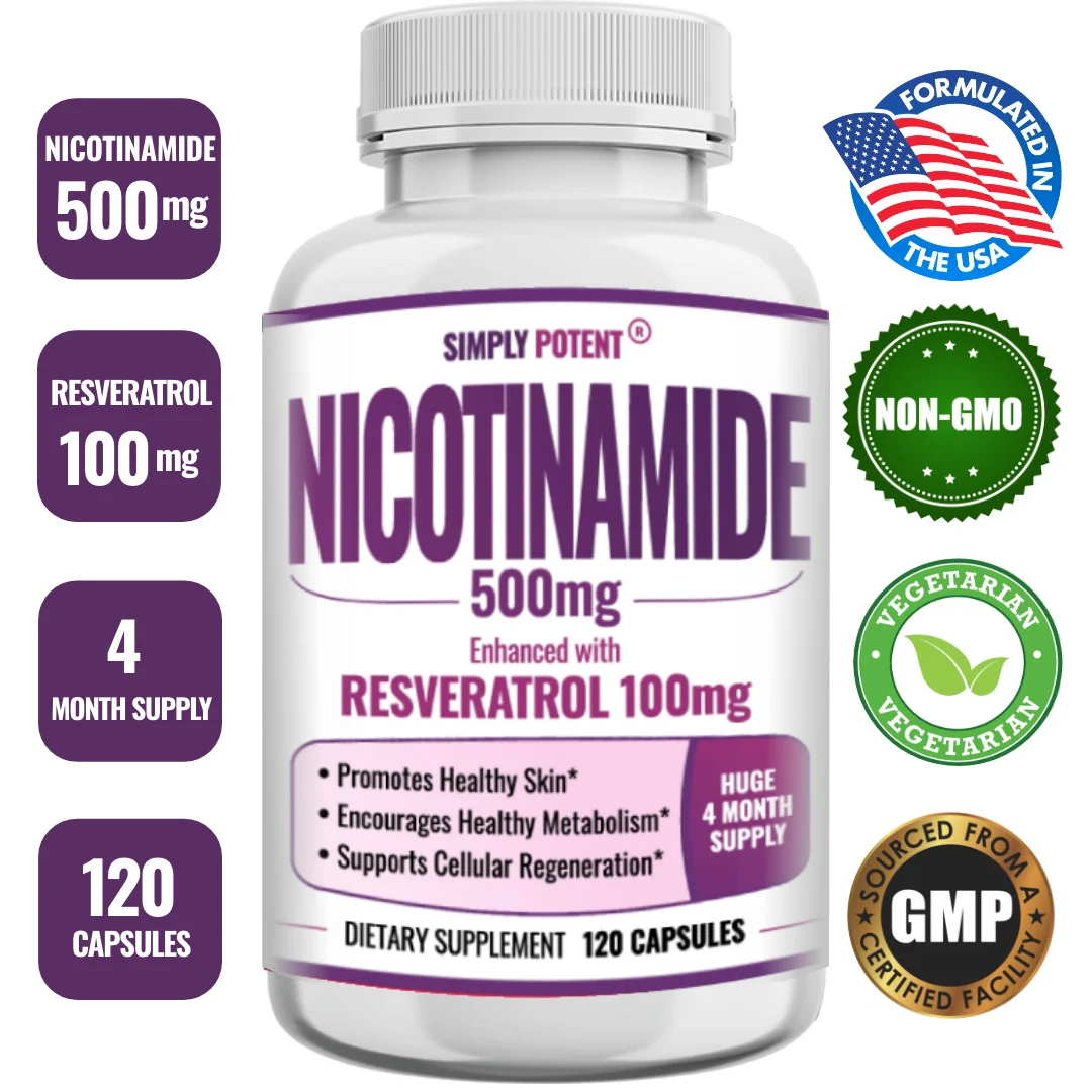 Niacinamide 500 Mg, Resveratrol 100 Mg - 120 Veggie Capsules - Vitamin B3 Supplement To Support NAD, Skin Cell Health and Energy