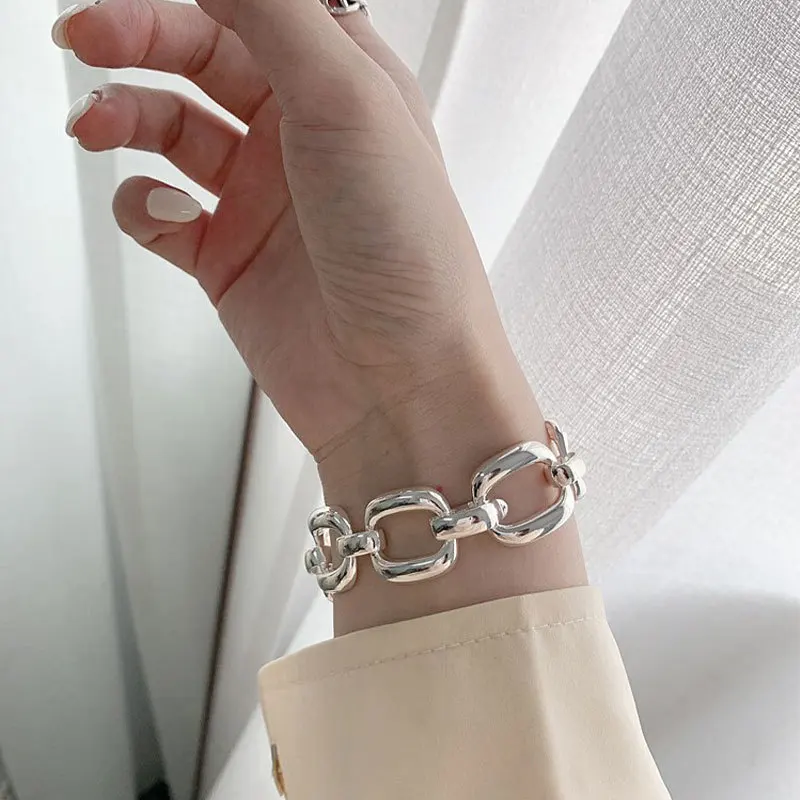 BFCLUB Silver Color Hiphop Thick Chain Bracelet for Women Men Vintage Handmade Hasp Bracelet Birthday Gift